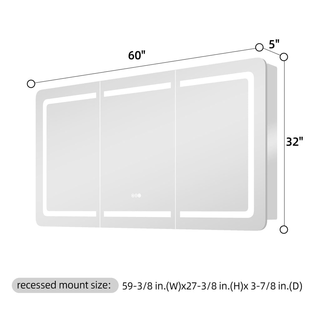60"x32" LED Bathroom Mirror Cabinet, 3 Doors