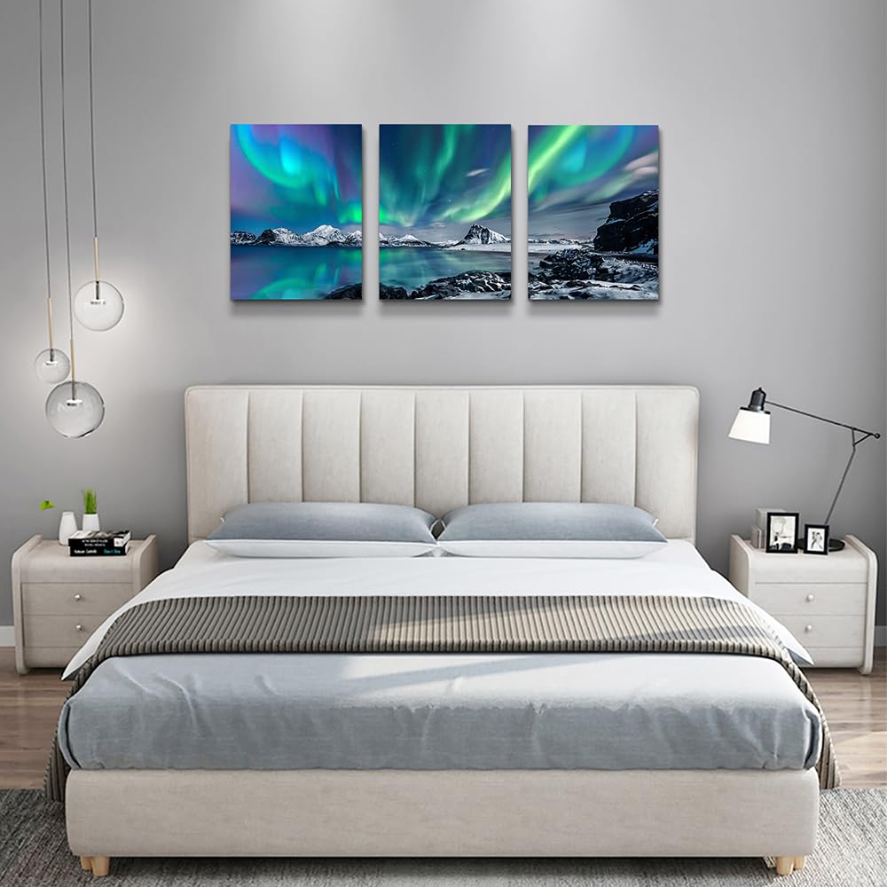 Wall Art Wall Decor Office Decor Abstract Mountain Aurora Landscape Painting 3 Piece Scenic Framed Canvas Art Prints