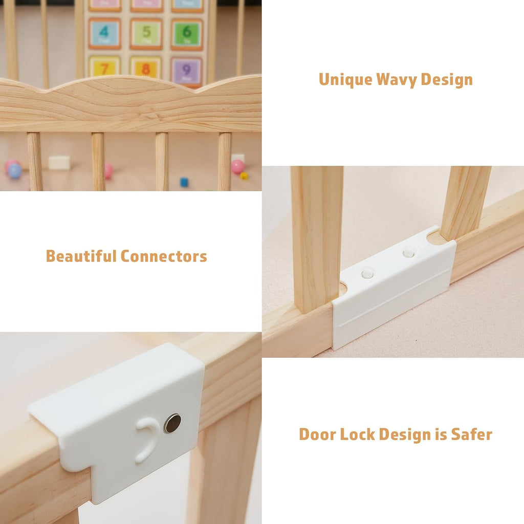 Wooden Baby Playpen with Built-in Activity Panel, 50x65x24In | Large Adjustable Natural Pine Wood Play Pen with