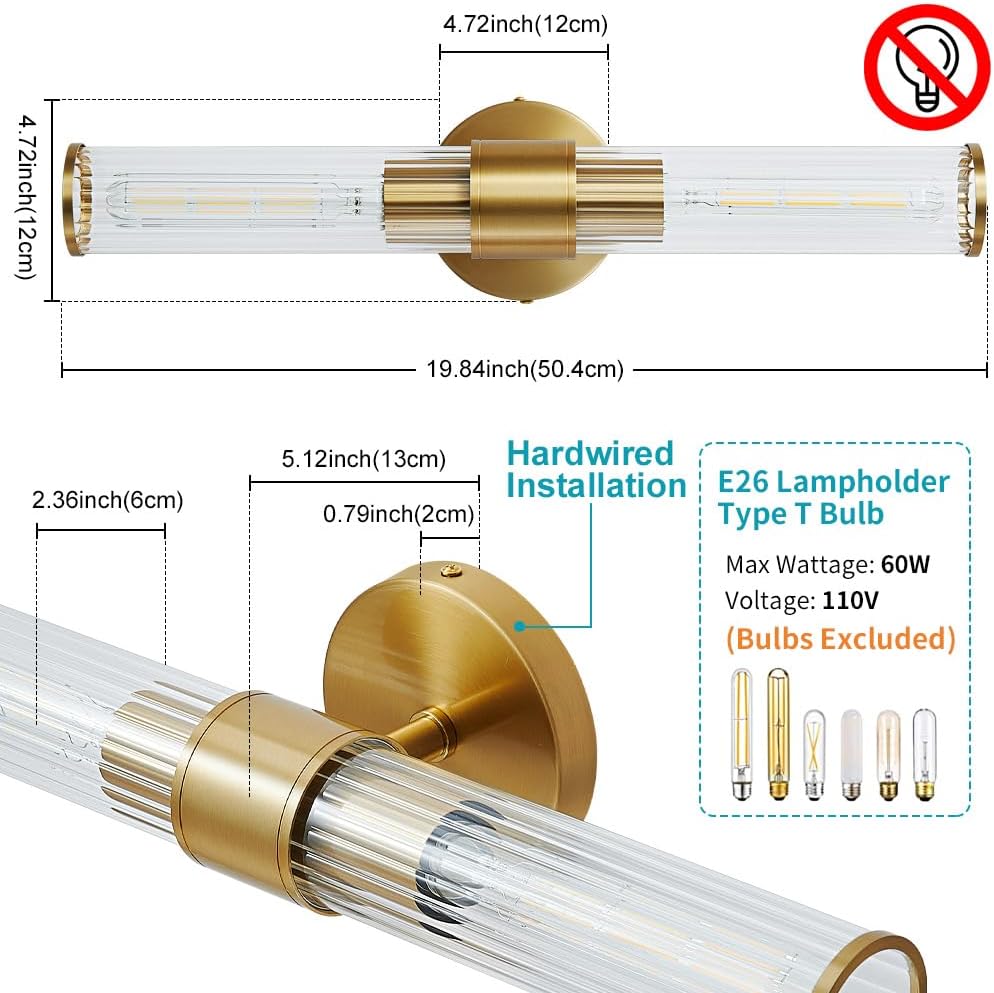 Hardwired Bathroom Light Fixtures, Gold Wall Sconce in Threaded Glass Indoor Wall Sconces, Modern Bathroom Vanity
