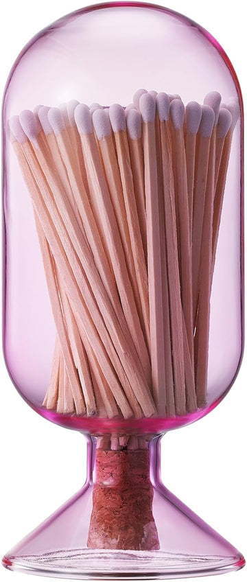 Includes 100 Match Sticks Glass Match Cloche with Striker - Pink with Cork Stopper - Fireplace, Home, Living Room - Set of 102