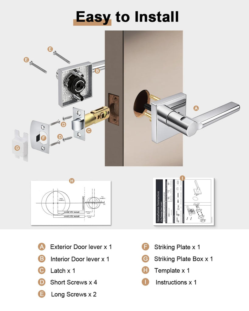 Passage Interior Door Handles, 8 Pack Polished Chrome Square Levers Without Lock, Reversible for Closet & Hallway