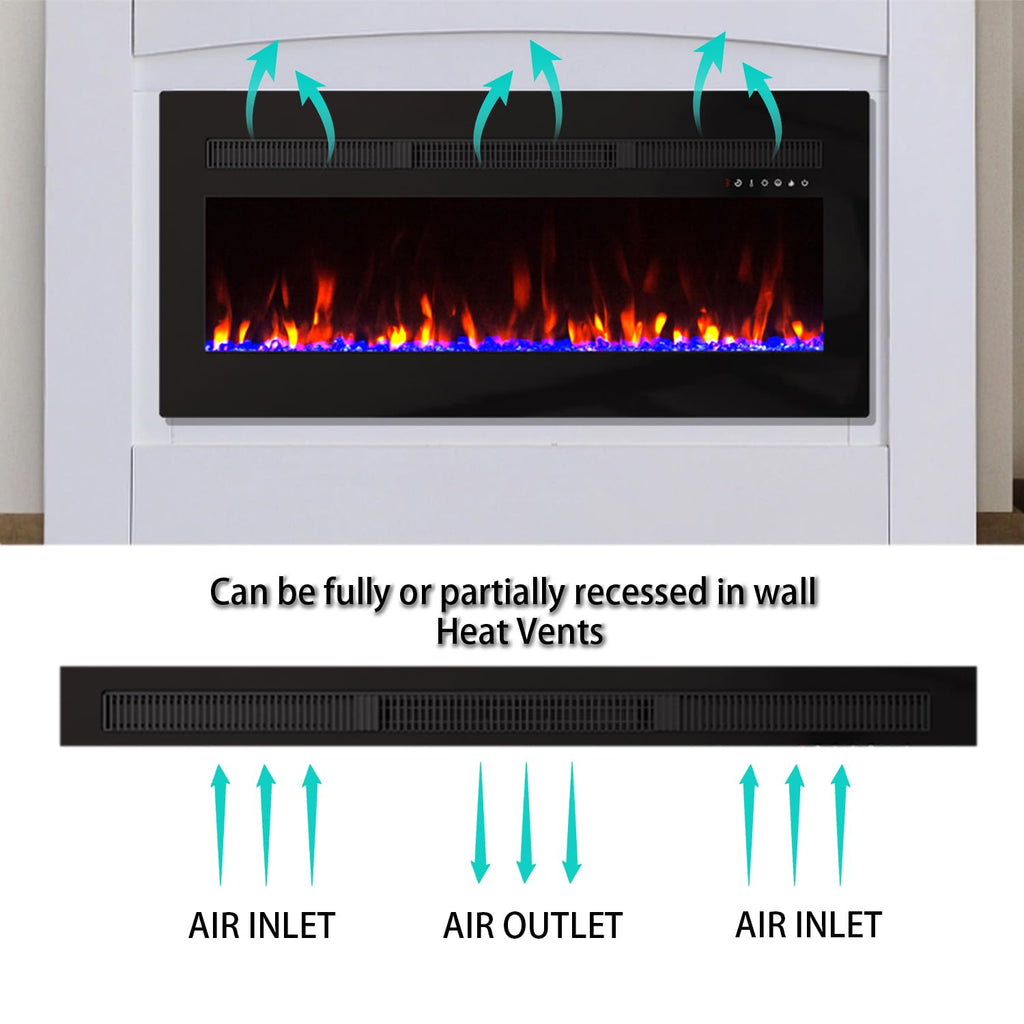 Electric Fireplace Heater Wall Mounted, 50 inch Wide Recessed Electric Fireplace, 1400W, 8H Timer, 20 Color Flame