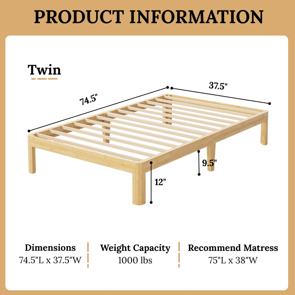 12 inch Bamboo Solid Wood Twin Bed Frame Apartment