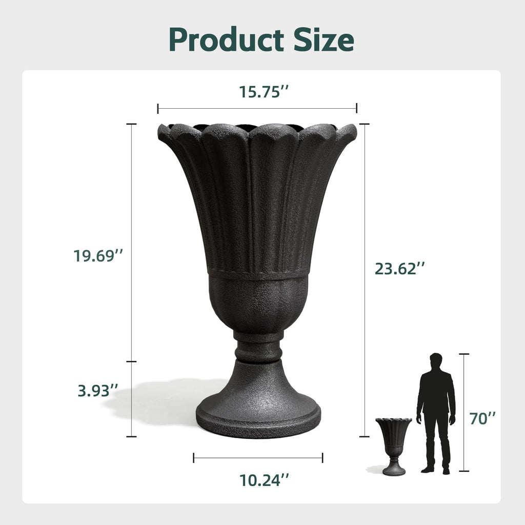 Tall Plastic Urn Planters and Pedestal - 24" Outdoor Planter Black
