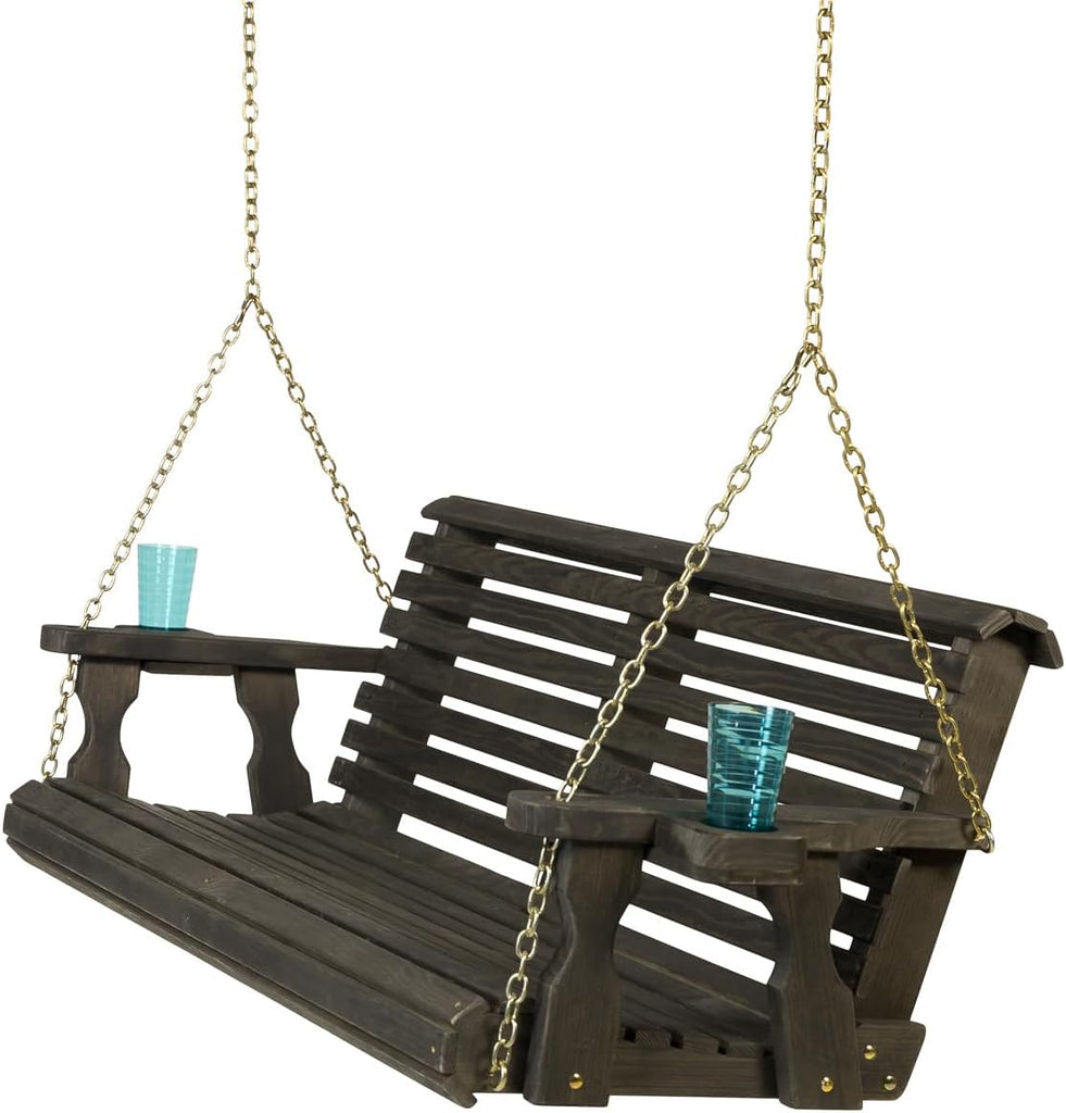 Casual Heavy Duty 700 Lb Capacity Porch Swing with Cup Holders (4 Foot, Semi-Solid Black Stain) - Wooden Outdoor Roll