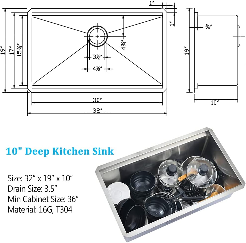 32-inch Undermount Workstation Kitchen Sink Single Bowl | 16 Gauge Stainless Steel Kitchen Sink Handmade R10 Deep