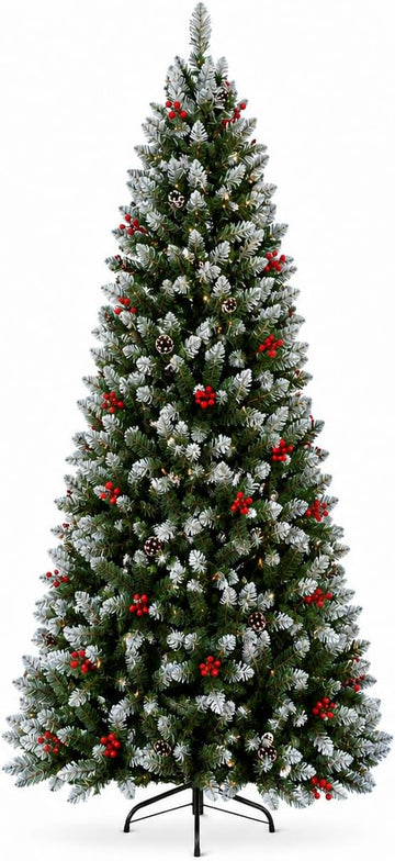 7FT Pre-Lit Artificial Christmas Tree, Snow Flocked Hinged Pine Tree with Warm White Lights, Red Berries & Pine