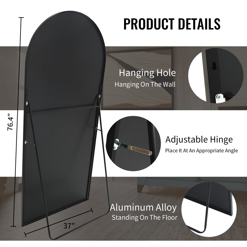76" x 37" Arched Full Length Mirror with Stand, Black Floor Mirror
