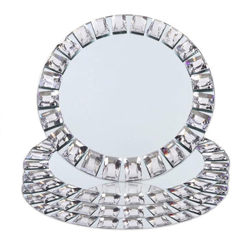 Silver Glass Charger Plates, Set of 4-13 Inch Round Mirror Chargers with Glass Mosaic Rim for Wedding Party Table