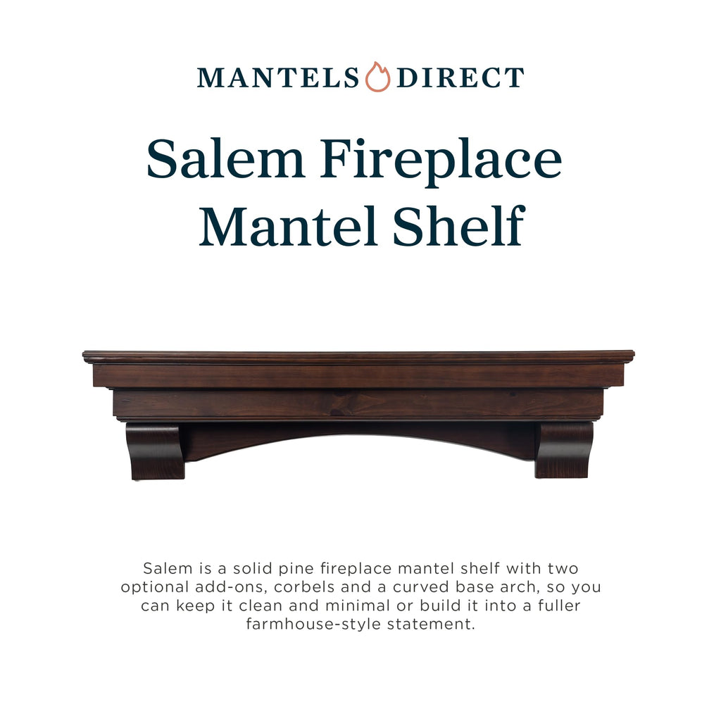 Salem Wood Mantel Shelf with Arched Corbels - Cinnamon 60 Inch | Wooden Rustic Wall Mounted Shelf from Pine Wood