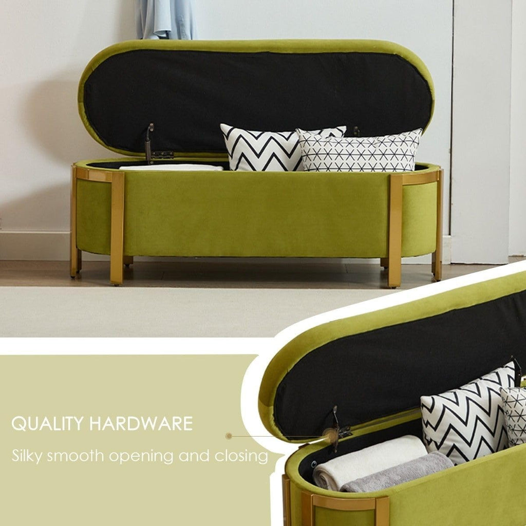 48" Velvet Storage Bench with Gold Legs, Olive Green | End of Bed Ottoman Bench with Hidden Storage