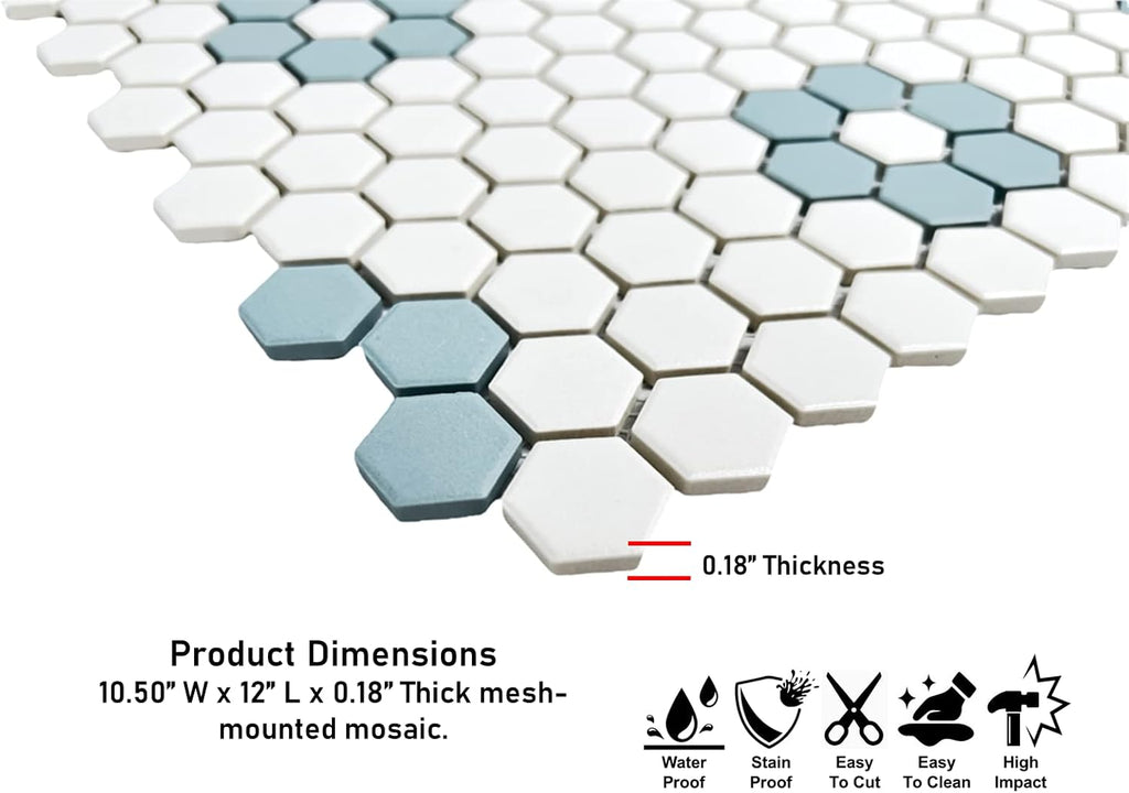 White Sky Blue Flower Hexagon Porcelain Mosaic Floor and Wall Tile Backsplash, Pool Tile, Bathroom Floor, Accent Wall