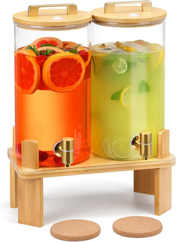 1.5 Gallon 2 PACK Glass Drink dispenser, Beverage Dispenser With Wood Stand, Lemonade Dispenser with Airtight Valve - Set of 2