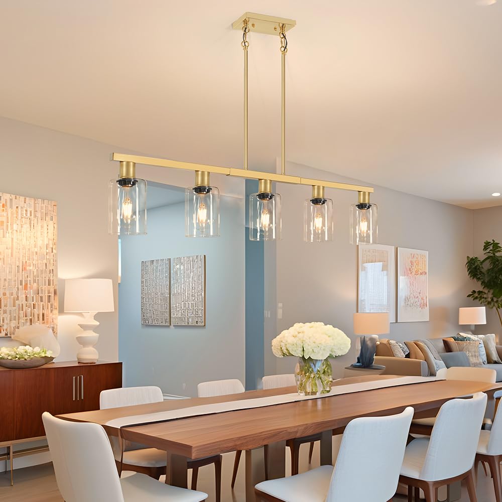 5-Light Kitchen Island Lighting Gold Adjustable Chandelier, Farmhouse Dining Room Light Fixtures Over Table, Height