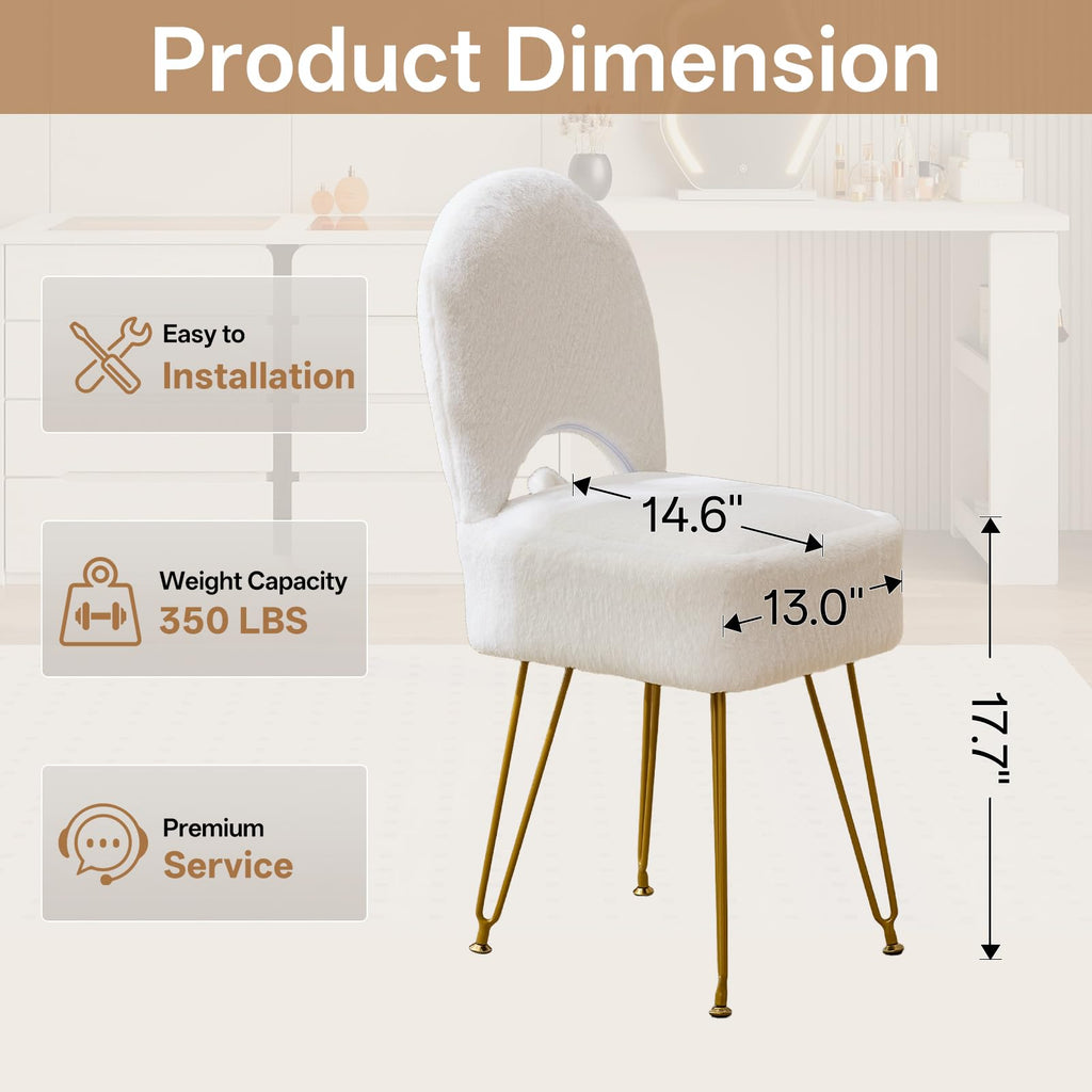 White Vanity Chair with Storage, Folding Back Faux Fur Vanity Stool, Makeup Ottoman with Gold Legs /Bathroom