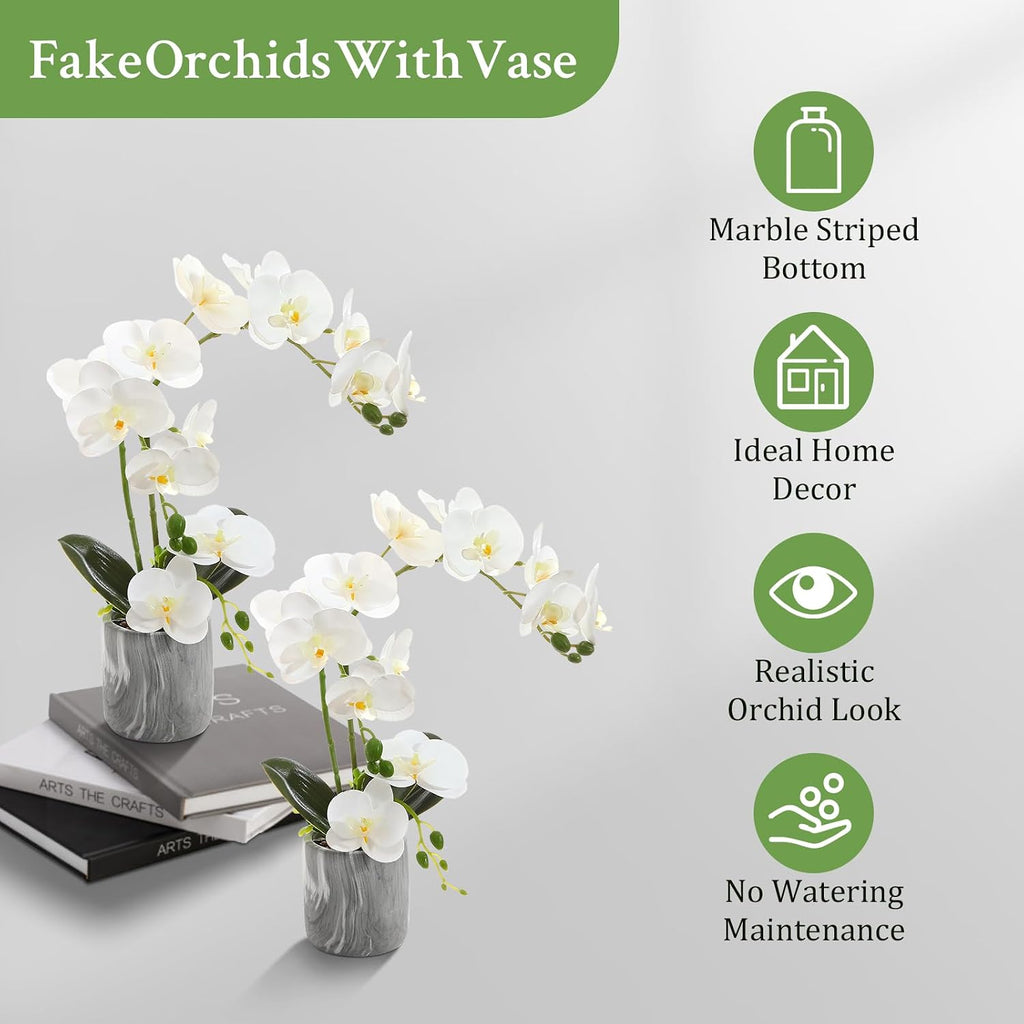 White Fake Orchids Flowers in Pot Bendable Faux Orchids Artificial Flowers Washable Silk Orchid Phalaenopsis Decor