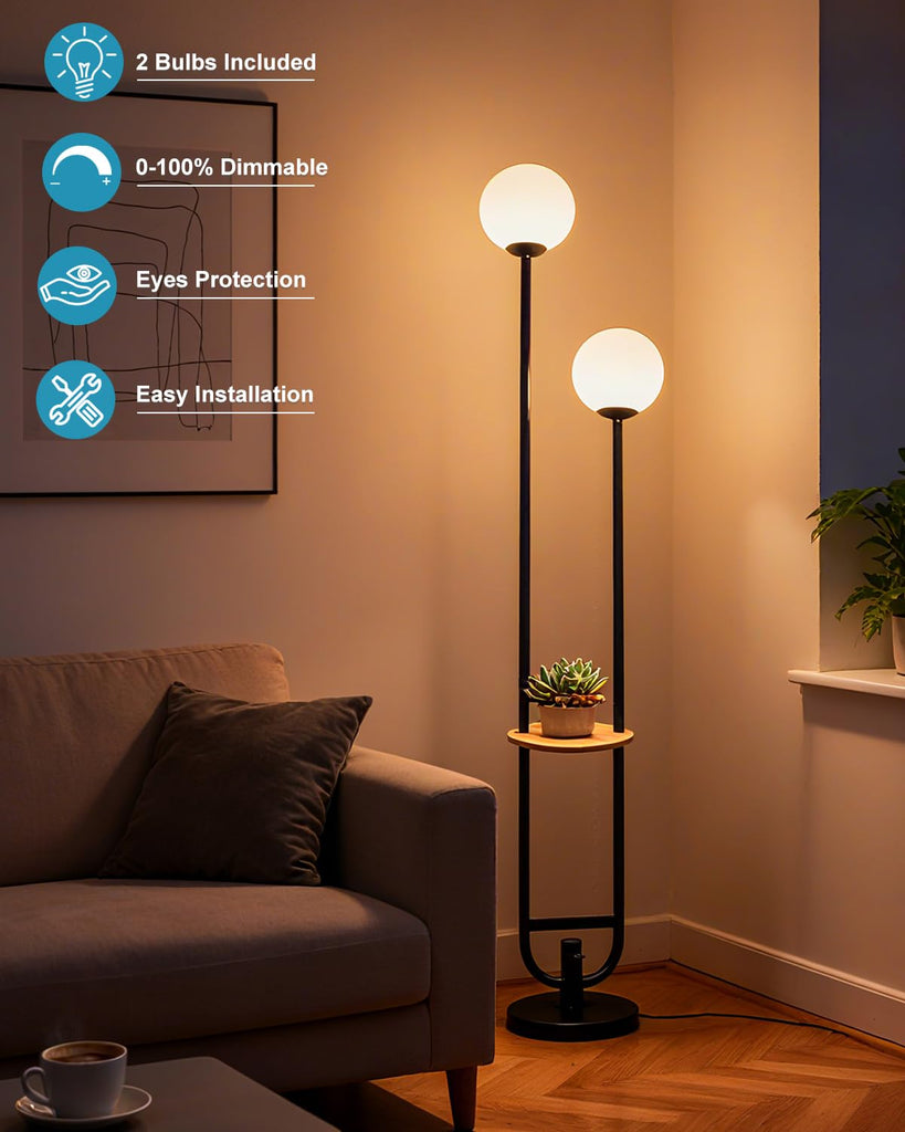 63IN 2-Globe Floor Lamp Dimmable Tall Standing Lamps with Table 3000K Warm White Unique Vintage Modern Mid Century