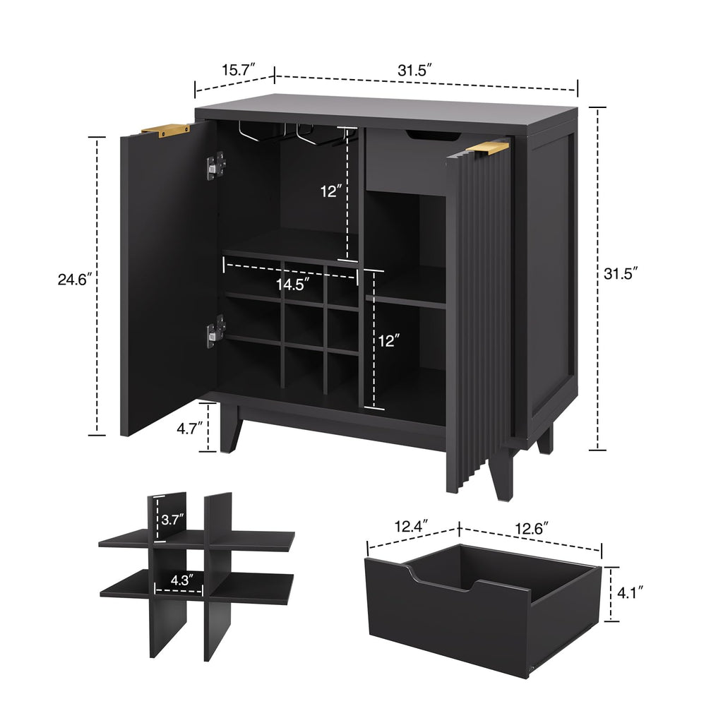 Modern Fluted Coffee Bar Cabinet with Removable Wine Rack, Black