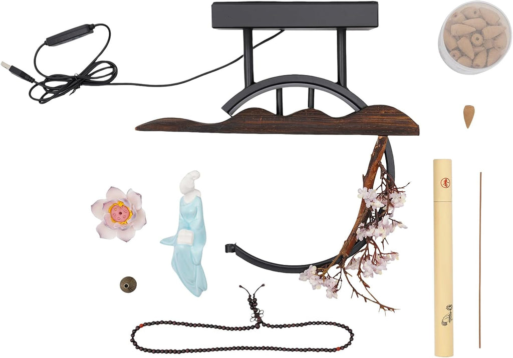 Backflow Incense Burner, Chinese Style Peach Blossom Incense Holder with LED Light, Ceramic Incense Cone Burner Home