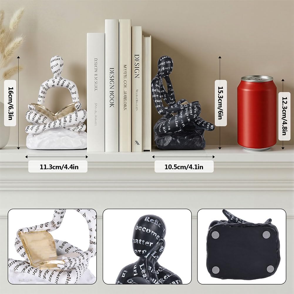 Ends for Heavy Books Set of 2, Modern Abstract Thinker Book Ends for Shelves and Desk - Resin with Non-Slip Pads
