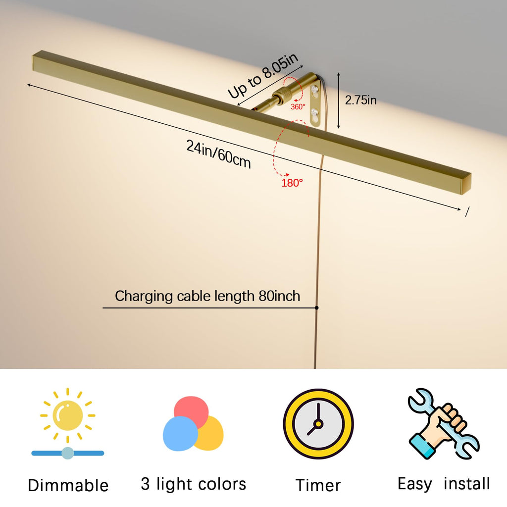 24" LED Picture Light Plug in, 9W Gold Art Light