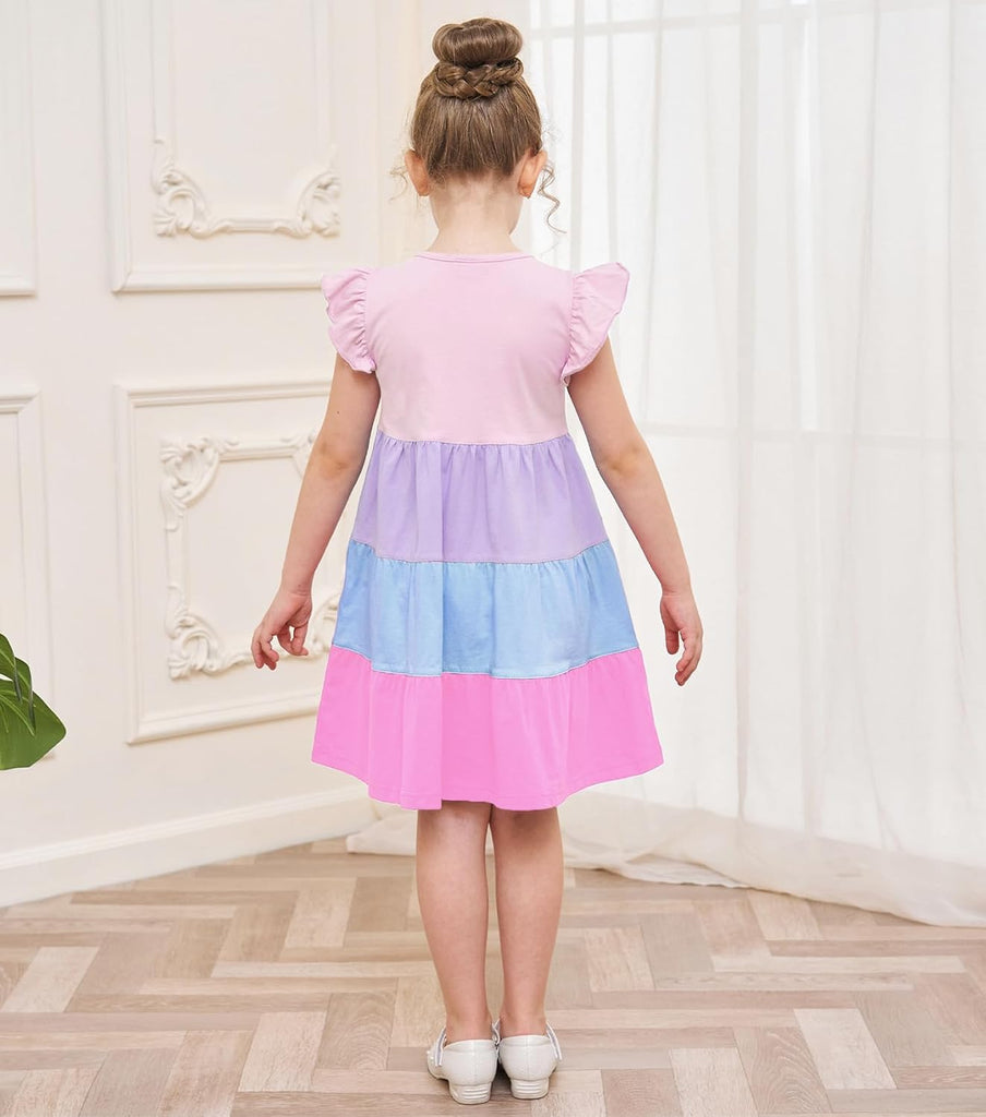 Girl's Dresses Cotton Ruffle Sleeve Tiered Swing A-Line Cute Midi Casual Sundress