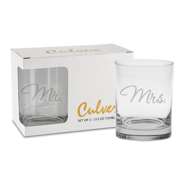 Mr. & Mrs. Deep Etched (DOF) Double Old Fashioned Glasses, 13.5-Ounce (Gift Boxed, Set of 2)