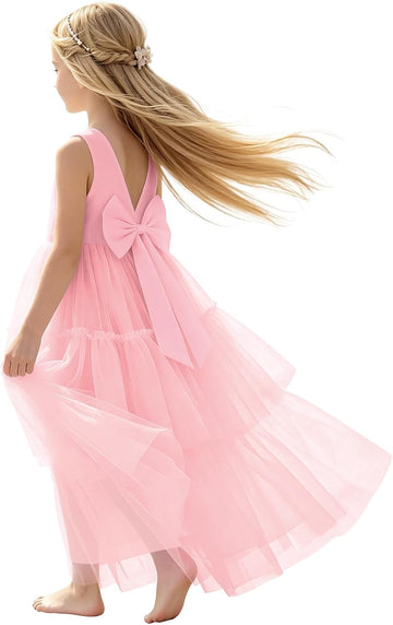 Flower Girl Dress V-Back Girl Dress Boho Layered Tulle Formal Party