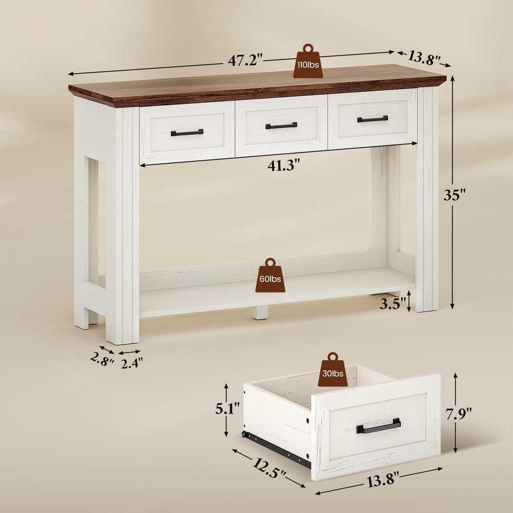 47" Farmhouse Console Table with 3 Drawers, Rustic Entryway Table