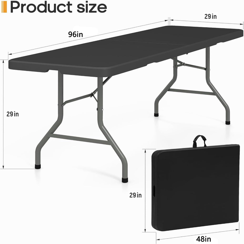 8 Foot Folding Table 350 LBS Heavy Duty, 18% Thicker HDPE Waterproof Top, Portable Fold in Half with Carry Handle and