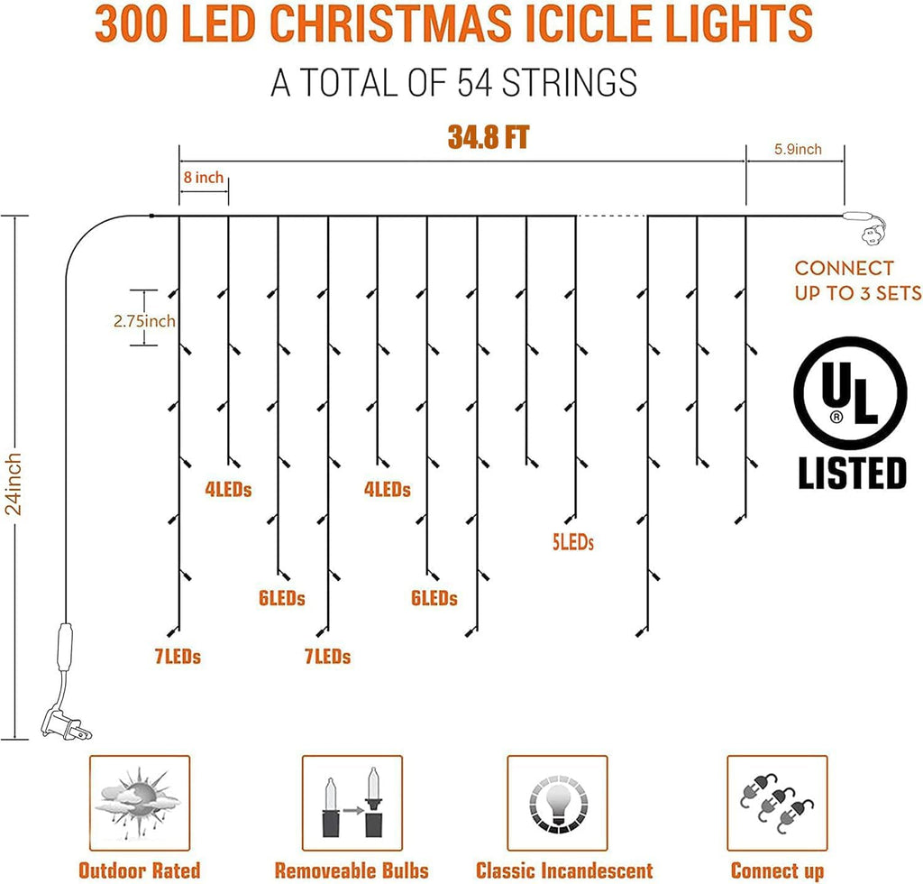 Christmas Icicle Lights, 35Ft 300 Count Incandescent, Warm White