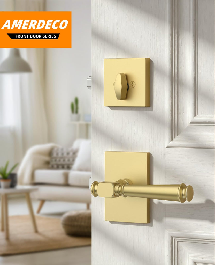 Brushed Gold Solid Heavy-Duty Front Door Handle Set with Deadbolt, Architectural Grade Modern Entry Door Lockset