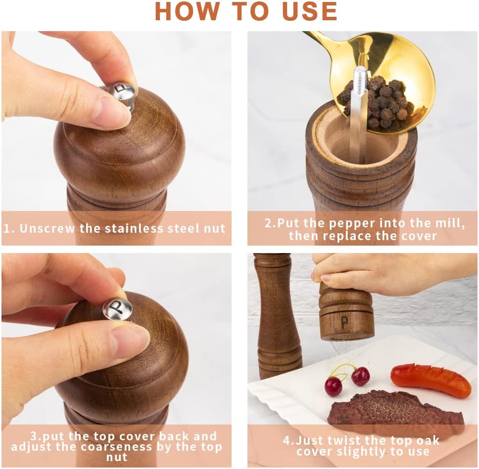 Wood Salt and Pepper Grinder Set Salt Mill Pepper Grinder Set 8 inches - Set of 2