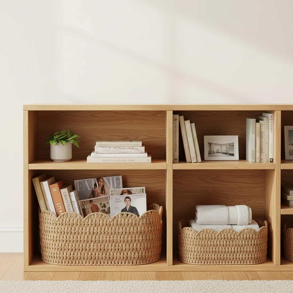 Paper Rope Scalloped Basket Set of 2, Wicker Storage Baskets for Shelves, Gifts, Books, Toys, Cute Decor Rattan Baskets