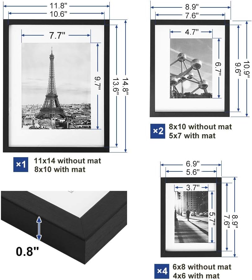 Picture Frames, Collage Photo Frames Set of 7, One 11x14, Two 8x10, Four 6x8 Frames, Wall Gallery or Table