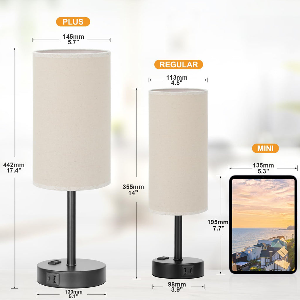 17.4" Beige Lamp - Dimmable Touch, USB A+C, AC Outlet