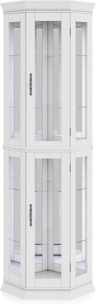 Lighted 3-Side Glass Display Curio Cabinet w/Tempered Glass Doors & Shelves, Accent Wooden Corner Cabinet with Bulb