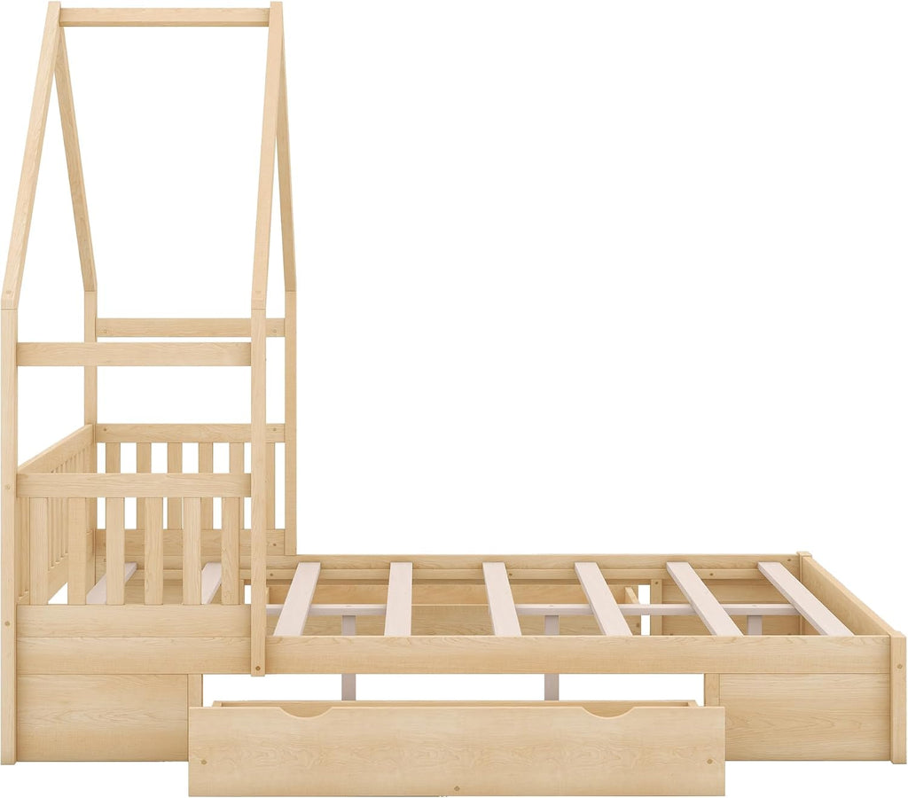 Queen Size Wood House Platform Bed with 2 Drawer for Toddlers and Baby, Modern Montessori Platform Bed Frame, No Box