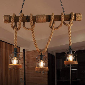 31.5" Rope Wood Island Pendant Light, 3-Light Industrial Chandelier
