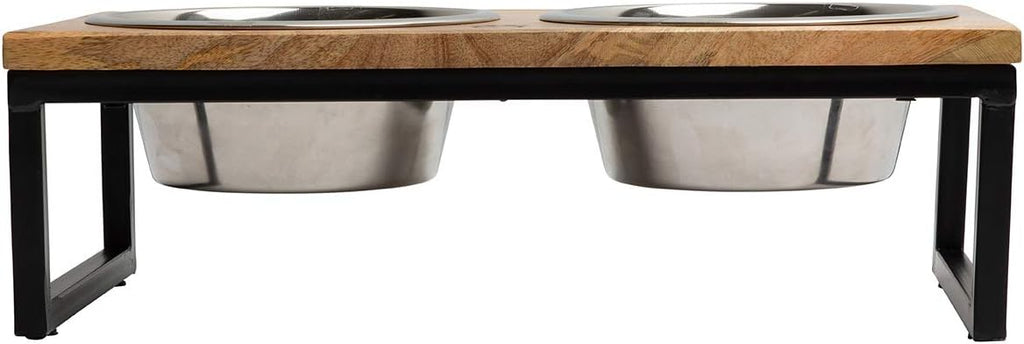 Mango Wood Dog Bowl Stand - Elevated Pet Feeder with 2 Stainless Steel Bowls - Raised Food and Water Dish Set