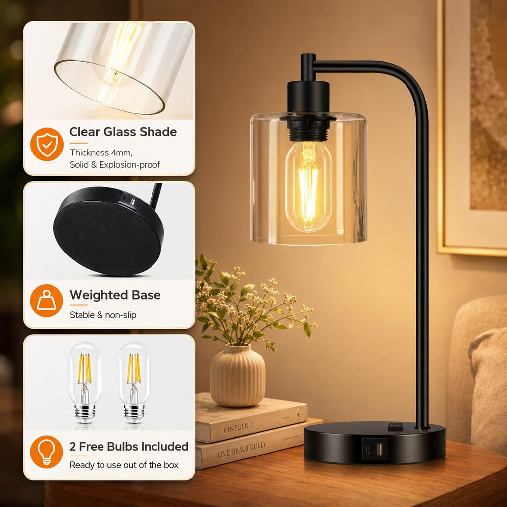 Set of 2 Industrial Touch Control Table Lamps with USB C+A Ports and AC Outlet - 3-Way Dimmable Black Bedside Lamps