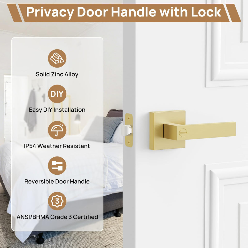 2 Pack Gold Privacy Door Knobs, Modern Keyless Door Handles Interior, Door Locks s, Bathroom, Heavy Duty Zinc Alloy