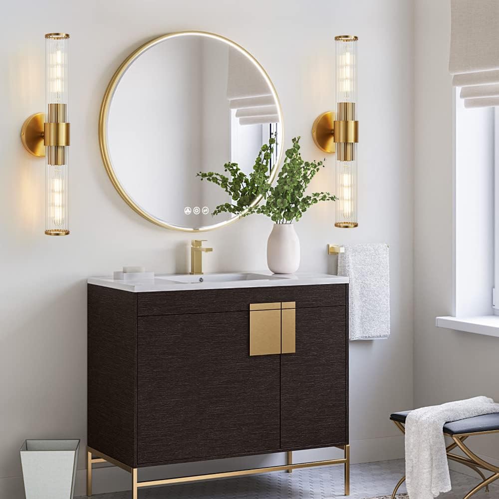 Hardwired Bathroom Light Fixtures, Gold Wall Sconce in Threaded Glass Indoor Wall Sconces, Modern Bathroom Vanity