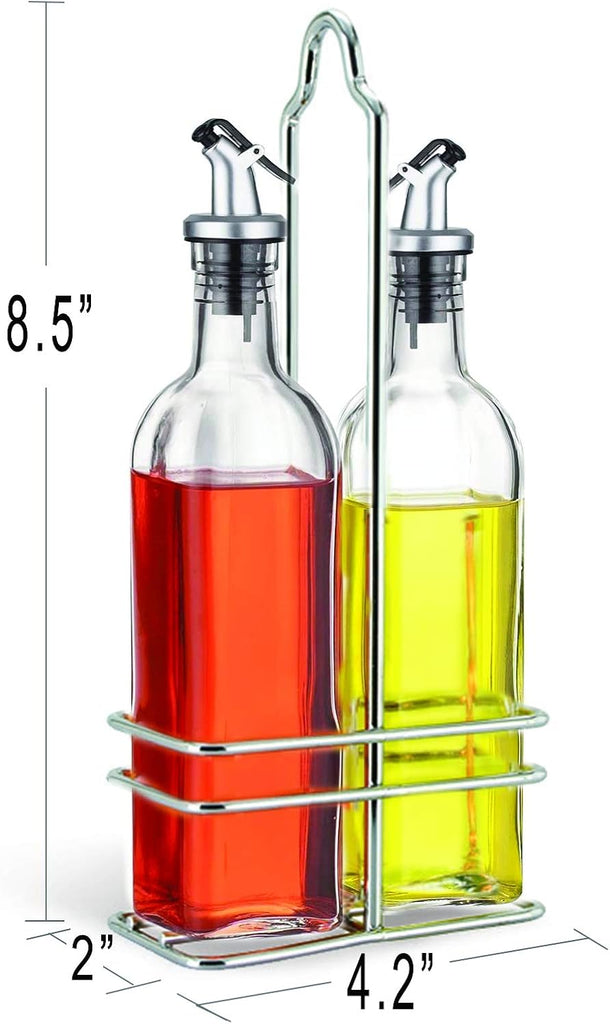 Oil and Vinegar Bottle Cruet Set with Wire Caddy - Set of 2