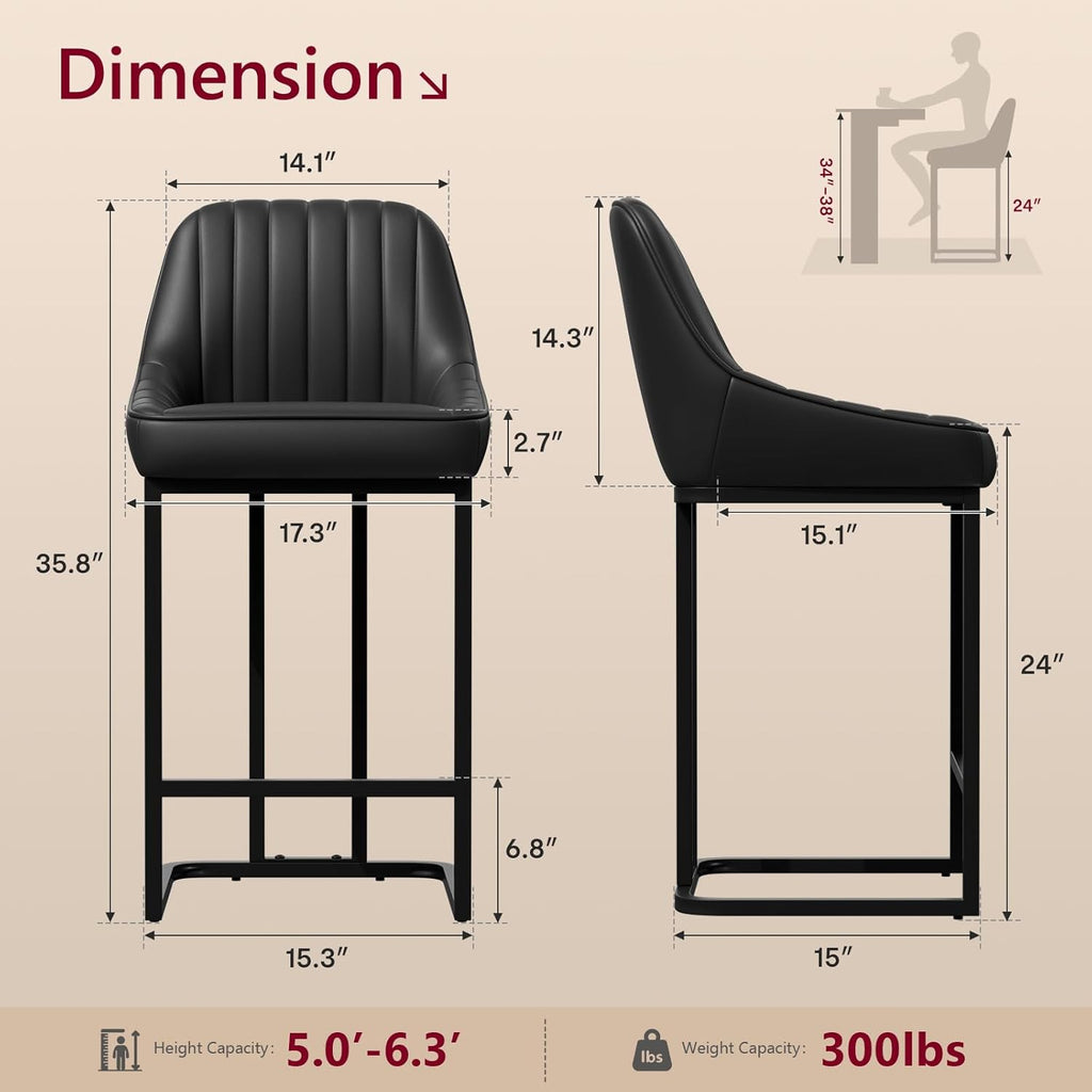 Bar Stools Set of 4, 24" Black Leather Counter Height Bar Stools | Bar Stools with Exquisite Stitching Back, 300lbs