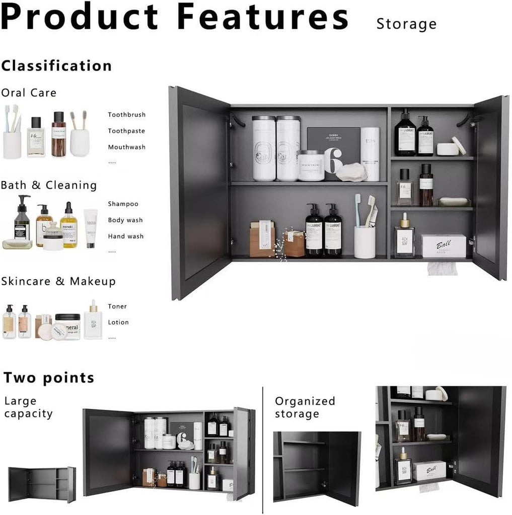 35.43" x 23.62" LED Bathroom Medicine Mirror Cabinet, Wall Mounted Double Door Vanity Storage Cabinet with Anti-Fog