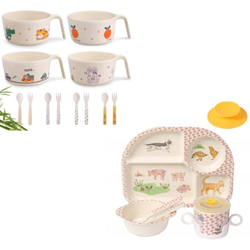 Kids Dinnerware Set of 7+ 4 Bamboo Kids Bowls with Utensils
