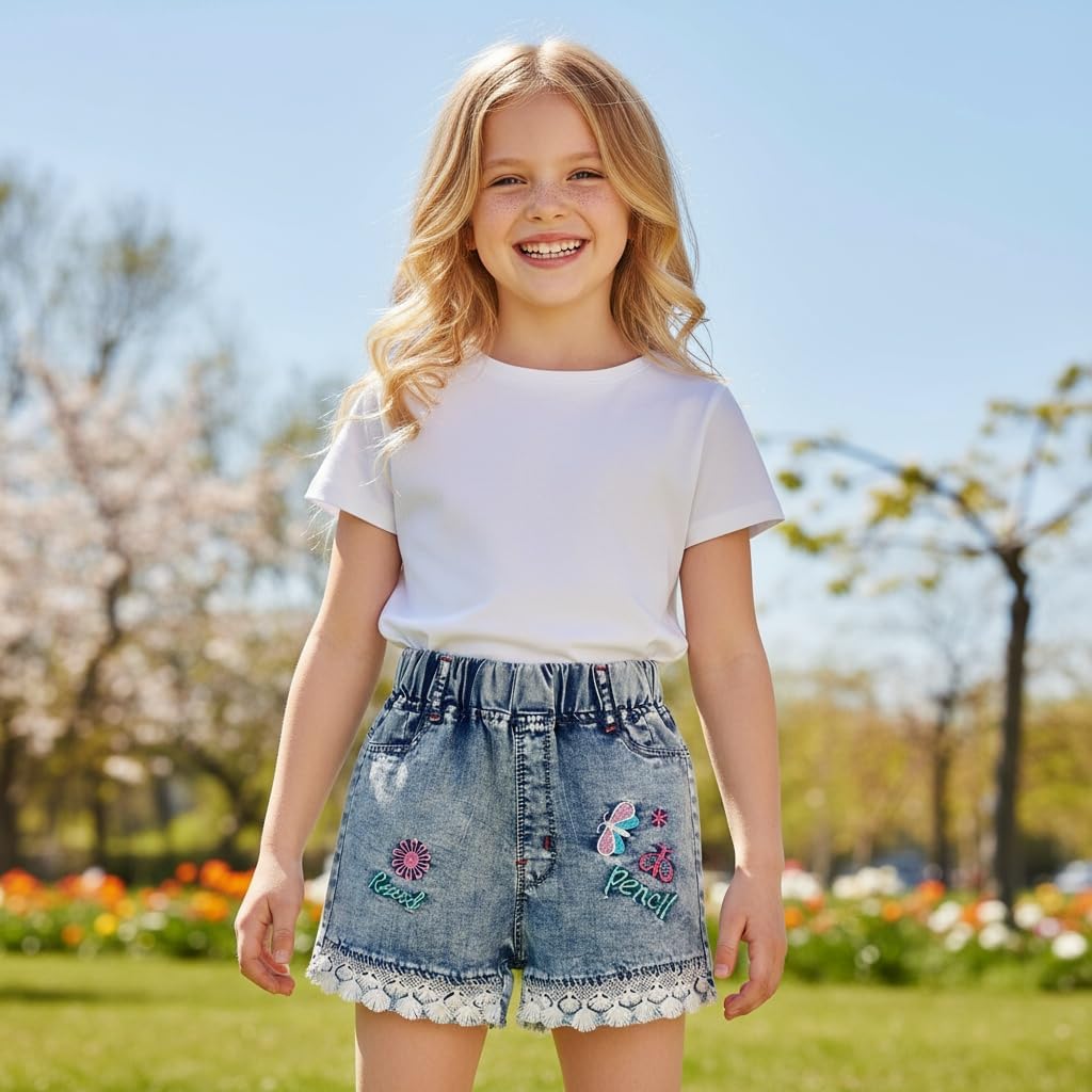Little&Big Girls Summer Denim Shorts Elastic Waistband Flower Ripped Jeans