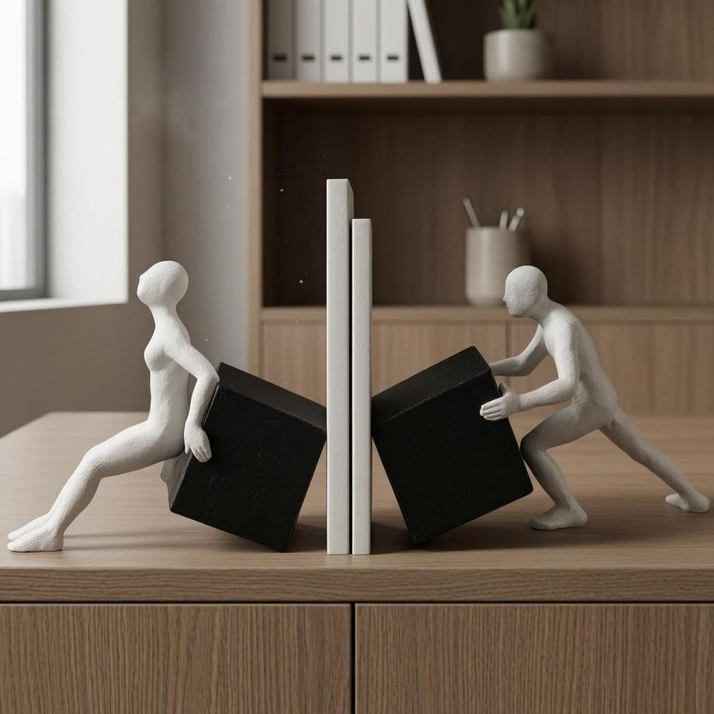 Abstract Figure Bookend Modern Sculptural Resin White Textured Finish Highlighting Carved Shape for Bookcases